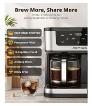 Load image into Gallery viewer, AIRMSEN 12-Cup Programmable Coffee Maker – Single Serve Machine for K-Cup Pods & Ground, 1000W Fast Brew, Delay Start, 2H Keep Warm, Touchscreen, 60oz Tank, Glass Carafe – Home & Office