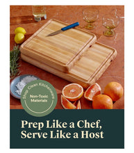 Load image into Gallery viewer, Caraway 3-Piece Prep & Serve Butcher Block Set, Includes 17” Rectangle Cutting Board, 12” Square Cutting Board and Metal Storage Rack, Walnut
