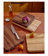 Load image into Gallery viewer, Caraway 3-Piece Prep & Serve Butcher Block Set, Includes 17” Rectangle Cutting Board, 12” Square Cutting Board and Metal Storage Rack, Walnut