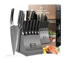 Load image into Gallery viewer, NF NANFANG BROTHERS Damascus Kitchen Knife Set, 15-Piece with Block, ABS Ergonomic Handle, Carving Fork, Disconnect-type Knife Block Set (Grey