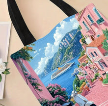 Load image into Gallery viewer, Italy 1pc Small Town Canvas Tote Bag with Seaside Scenery