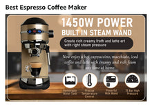 Load image into Gallery viewer, Professional Espresso Machine for Home 15 Bar with Milk Frother Steam Wand, Espresso Maker with Double-Cup Splitter 1450w Fast Heating, Cappuccino and Latte machine 37Oz Water Tank (Also get 2 Bricks of Ground Espresso)