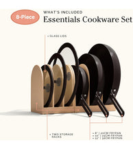 Load image into Gallery viewer, Our Place 8-Piece Essentials Complete Cookware Set - Ceramic Fry Pan Trio & Modular Rack Storage | Nontoxic Thermakind™ Nonstick, Oven Safe up to 450°F & Compatible with All Cooktops | Char