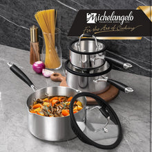 Load image into Gallery viewer, MICHELANGELO Triply Stainless Steel Saucepan Set with Strainer Lid, Heavy-duty Sauce Pan with Lid, Multipurpose Sauce Pot Induction Compatible - 1QT & 2QT & 3QT