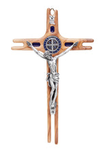 Load image into Gallery viewer, Mondo Cattolico Saint Benedict Olive Wood Crucifix with Enameled Medal