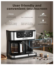 Load image into Gallery viewer, AIRMSEN 12-Cup Programmable Coffee Maker – Single Serve Machine for K-Cup Pods &amp; Ground, 1000W Fast Brew, Delay Start, 2H Keep Warm, Touchscreen, 60oz Tank, Glass Carafe – Home &amp; Office
