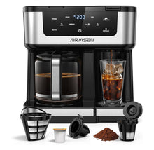 Load image into Gallery viewer, AIRMSEN 12-Cup Programmable Coffee Maker – Single Serve Machine for K-Cup Pods &amp; Ground, 1000W Fast Brew, Delay Start, 2H Keep Warm, Touchscreen, 60oz Tank, Glass Carafe – Home &amp; Office

