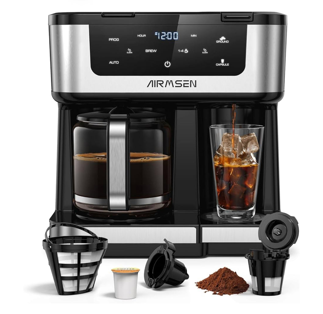 AIRMSEN 12-Cup Programmable Coffee Maker – Single Serve Machine for K-Cup Pods & Ground, 1000W Fast Brew, Delay Start, 2H Keep Warm, Touchscreen, 60oz Tank, Glass Carafe – Home & Office