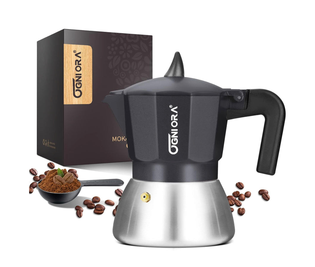 Espresso Maker Moka Pot, Black OGNI ORA Stovetop 6 Cup(300 ml) & 1-Caffe Borbone Ground Coffee – 8.8 oz Freshly Roasted – Miscela