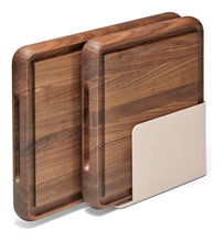 Load image into Gallery viewer, Caraway 3-Piece Prep &amp; Serve Butcher Block Set, Includes 17” Rectangle Cutting Board, 12” Square Cutting Board and Metal Storage Rack, Walnut
