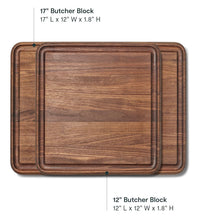 Load image into Gallery viewer, Caraway 3-Piece Prep &amp; Serve Butcher Block Set, Includes 17” Rectangle Cutting Board, 12” Square Cutting Board and Metal Storage Rack, Walnut
