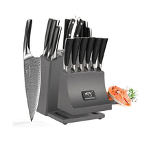 Load image into Gallery viewer, NF NANFANG BROTHERS Damascus Kitchen Knife Set, 15-Piece with Block, ABS Ergonomic Handle, Carving Fork, Disconnect-type Knife Block Set (Grey
