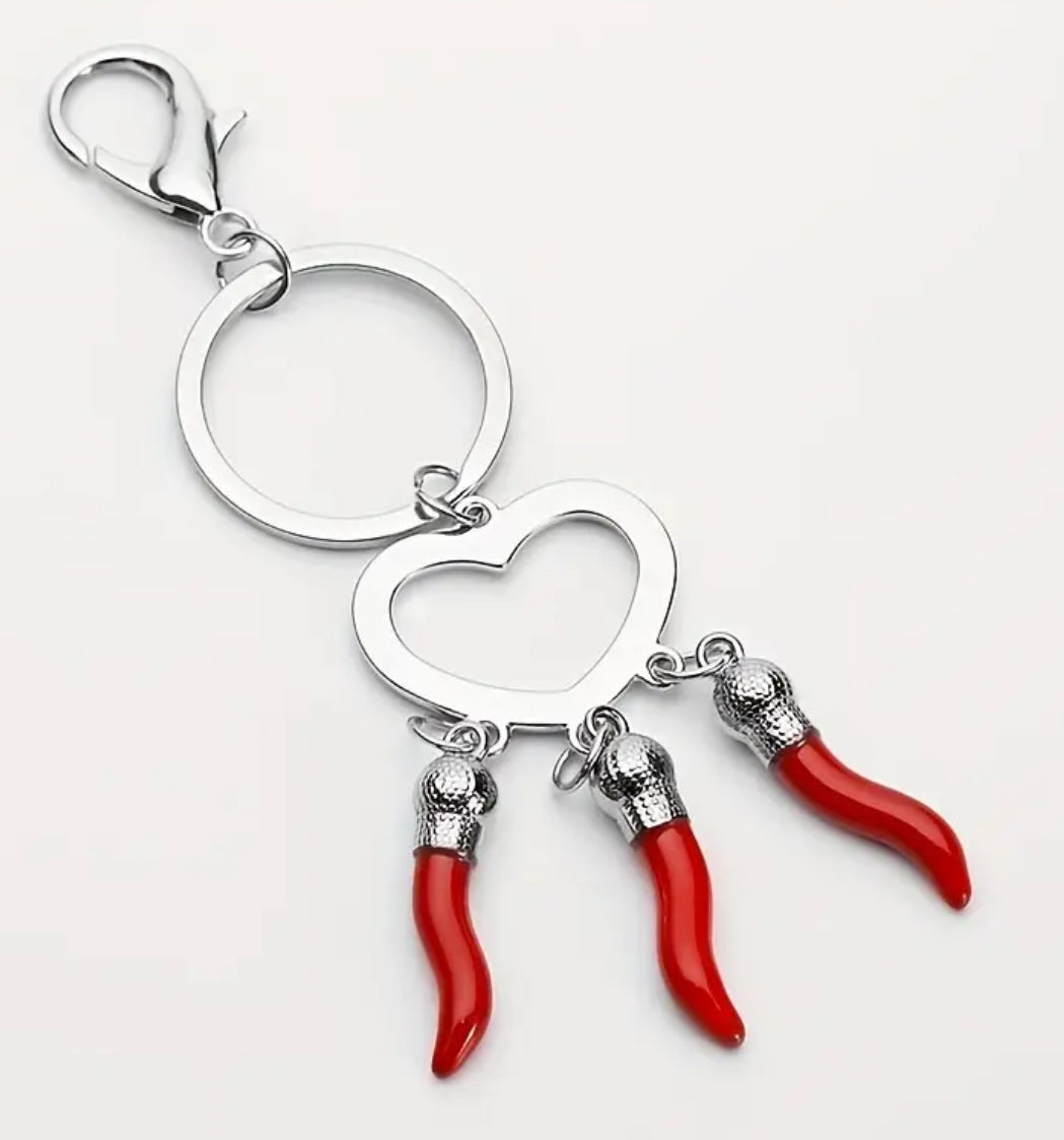 Italian Horns & Heart Pendant KeyChain, Goodluck Charm.