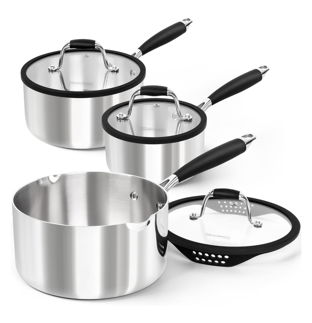 MICHELANGELO Triply Stainless Steel Saucepan Set with Strainer Lid, Heavy-duty Sauce Pan with Lid, Multipurpose Sauce Pot Induction Compatible - 1QT & 2QT & 3QT