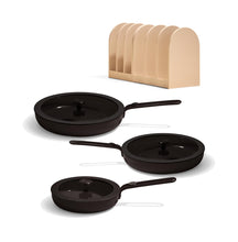 Load image into Gallery viewer, Our Place 8-Piece Essentials Complete Cookware Set - Ceramic Fry Pan Trio &amp; Modular Rack Storage | Nontoxic Thermakind™ Nonstick, Oven Safe up to 450°F &amp; Compatible with All Cooktops | Char
