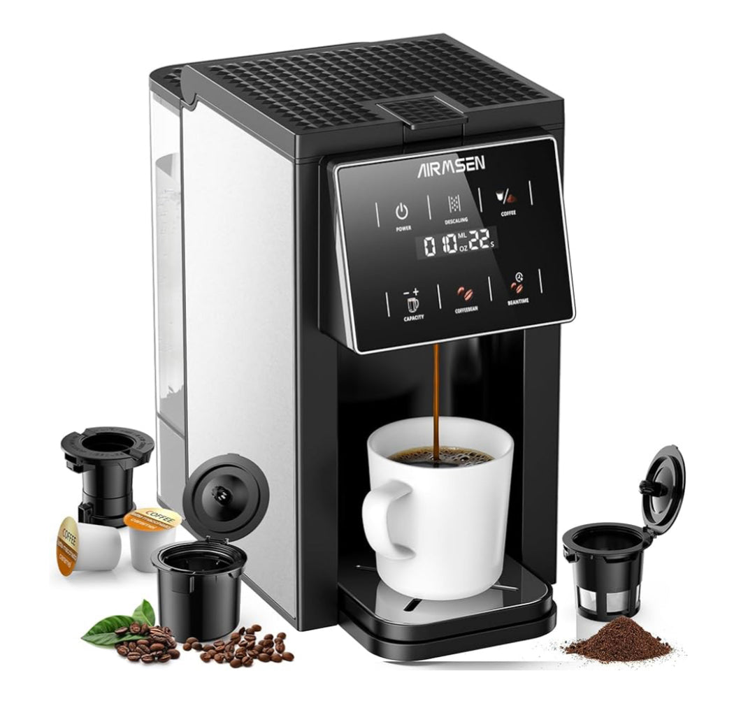 AIRMSEN Grind & Brew Coffee Maker with Built-in Grinder - Single-Serve Machine Compatible with K-Cup Pods