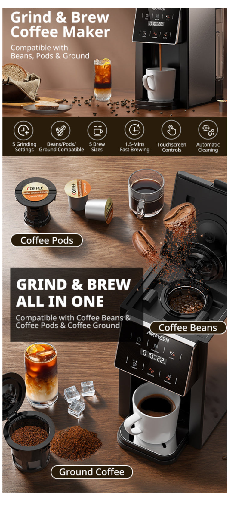 AIRMSEN Grind & Brew Coffee Maker with Grinder