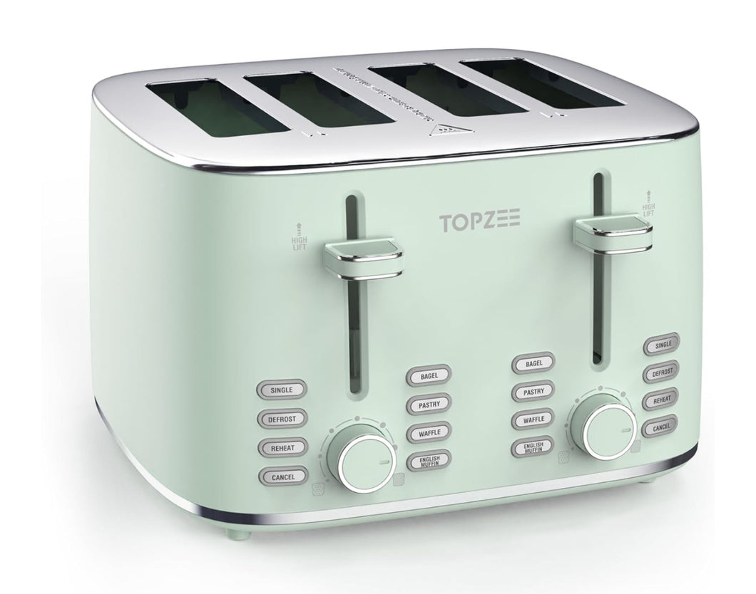 Toaster 4 Slice, Wide Slot for Toasting Bagel Muffin Waffle Gluten Free Breads, 7 Shade Settings, Defrost & Reheat,Dual Control Panel, Stainless Steel, Easy Clean, Green