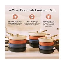 Load image into Gallery viewer, Our Place 8-Piece Essentials Complete Cookware Set - Ceramic Fry Pan Trio &amp; Modular Rack Storage | Nontoxic Thermakind™ Nonstick, Oven Safe up to 450°F &amp; Compatible with All Cooktops | Char
