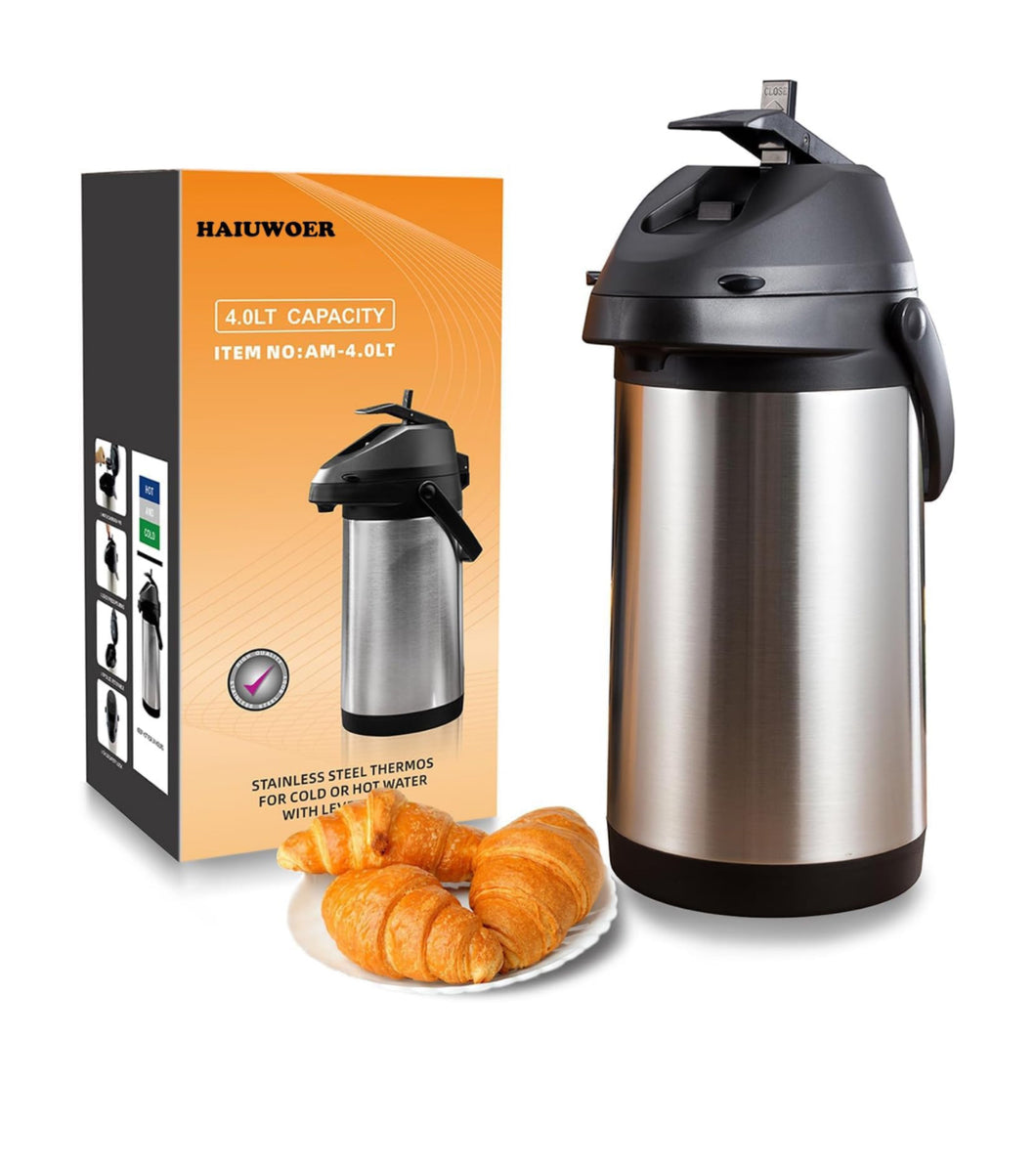 4L Airpot Coffee Carafe Thermal for Keeping Hot,Airpot Thermal Coffee Dispenser with Pump,Double Walled Vacuum Insulated 304 Stainless Steel Beverage Dispenser Lever Action for Hot/Cold