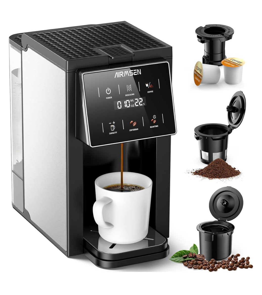 AIRMSEN Grind & Brew Coffee Maker with Grinder - Single Serve Machine Compatible with K-Cup Pods & Ground Coffee, 1000W