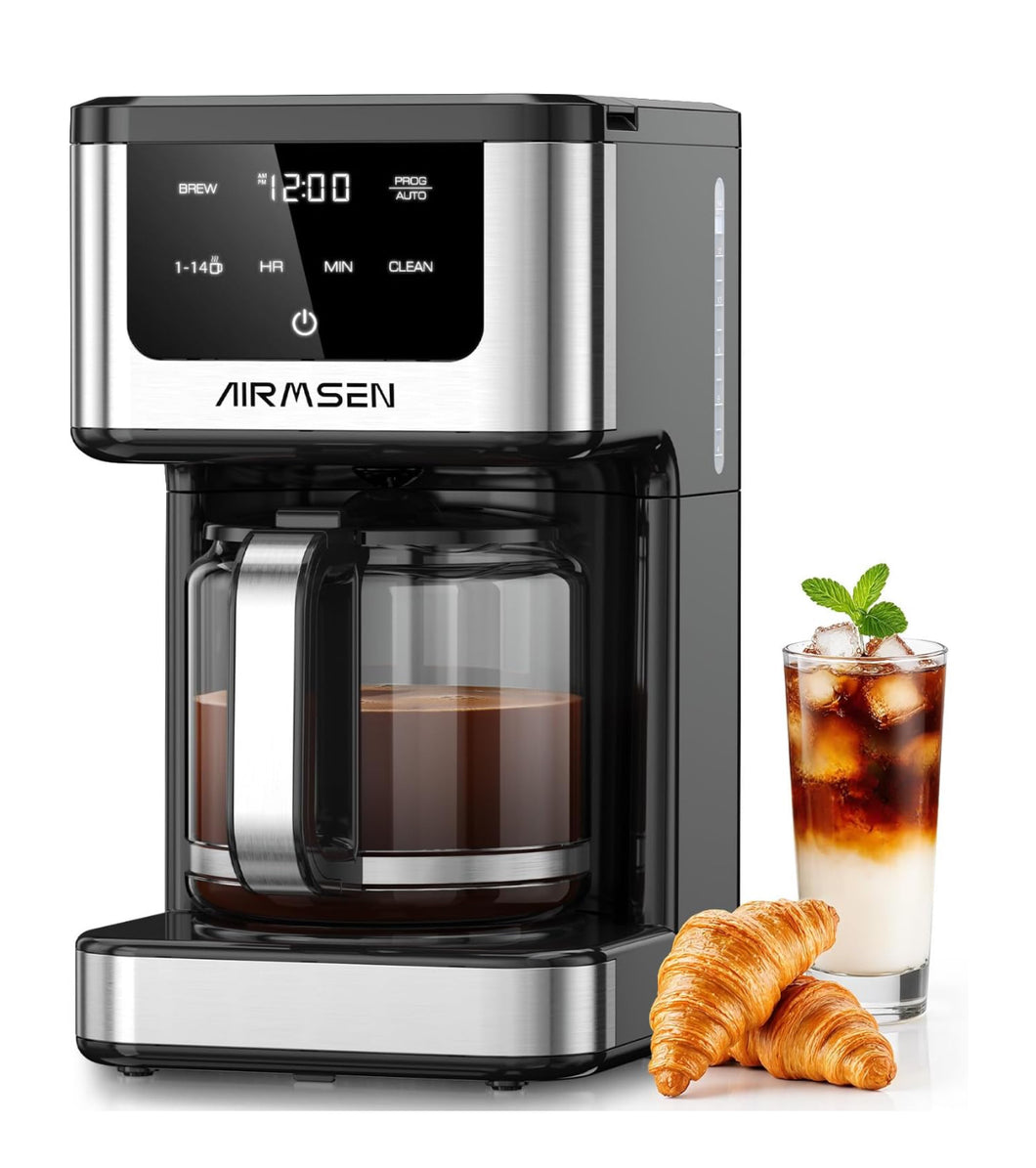 AIRMSEN 14-Cup Programmable Drip Coffee Maker – 1000W Fast Brewing Coffee Machine with Timer, Delay Start & 2H Keep-Warm, 73oz Tank, Touchscreen & Glass Carafe