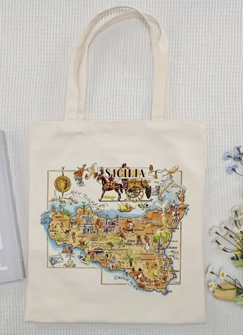 Sicily, Italy Map Canvas Tote Bag – Foldable, Machine Washable, Reusable Grocery Shoulder Bag Durable & Stylish for Shopping,  (13x15 in)
