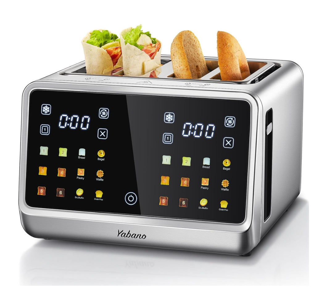 Yabano 4-Slice Toaster with Smart Touch Control, 6 Shade Levels & 6 Bread Settings, Extra Wide Slot for Bagels/English Muffins, Compact Design with Removable Crumb Tray