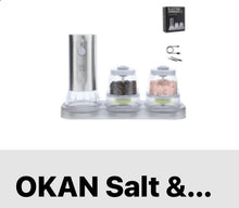 Load image into Gallery viewer, OKAN 585 Electric Salt &amp; Pepper Grinder – USB-C Rechargeable, Adjustable Ceramic Burr, One-Hand Operation with LED Light, 2 × 100ml Containers (200ml Total), Gift-Ready Kitchen Essential
