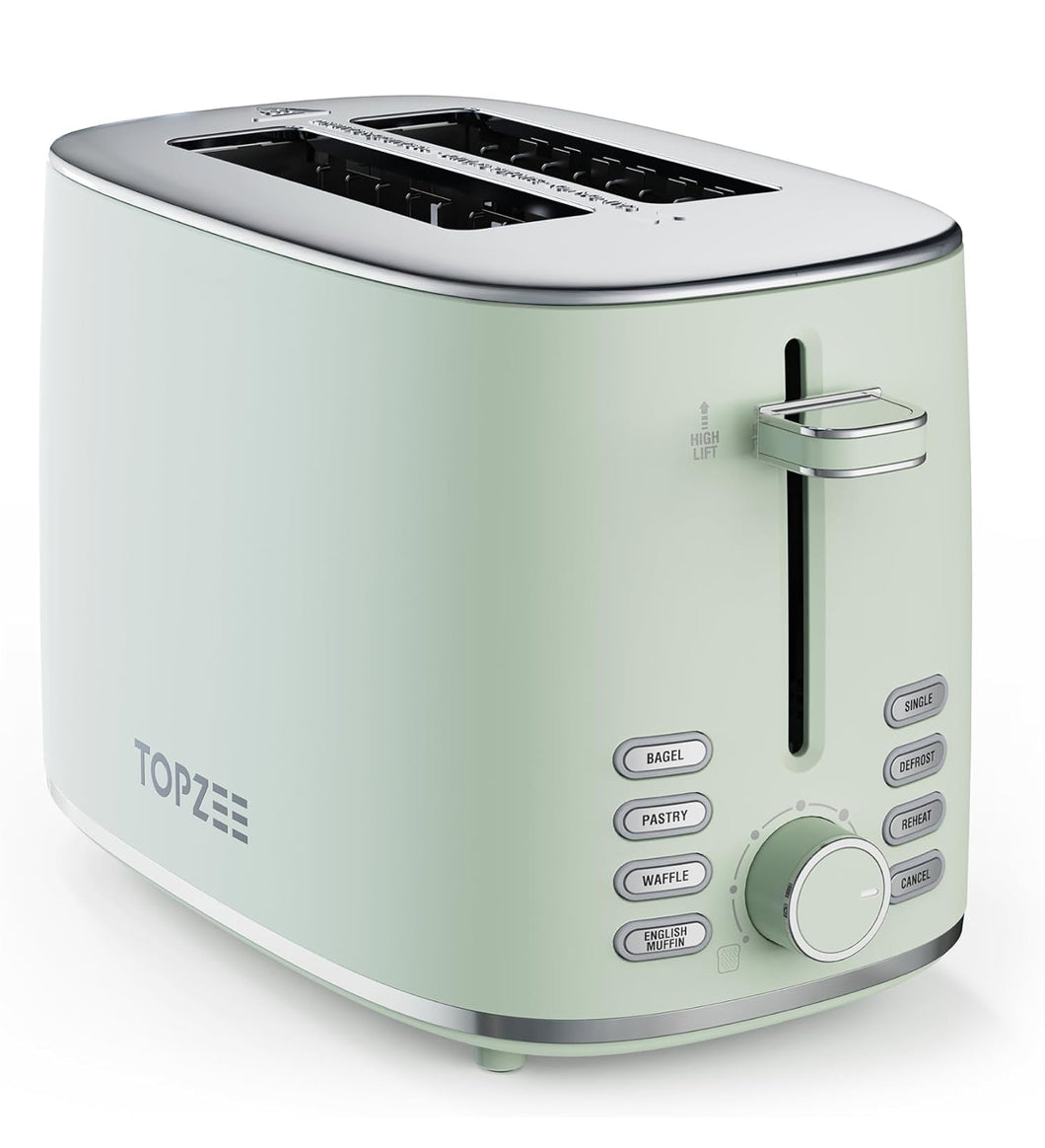 Toaster 2 Slice, Wide Slot for Toasting Bagel Muffin Waffle Gluten Free Breads, 7 Shade Settings, Defrost & Reheat, Stainless Steel, Easy Clean, Green