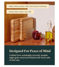 Load image into Gallery viewer, Caraway 3-Piece Prep &amp; Serve Butcher Block Set, Includes 17” Rectangle Cutting Board, 12” Square Cutting Board and Metal Storage Rack, Walnut
