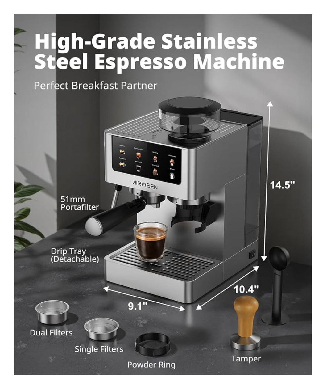 AIRMSEN Espresso Machines with Burr Grinder, 20 Bar, Milk Frother Steam Wand, Stainless Steel Coffee Maker for Home - Cappuccino Latte & Cold Brew Iced Coffee Maker & Americano