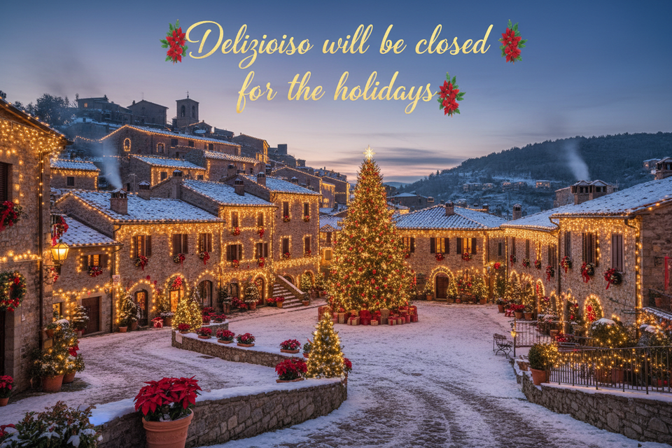 Create an image of an Italian village decorated for Christmas, put a writing on the image saying Delizioso will be closed for the holidays 