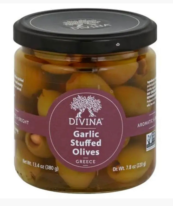 Divina Olives, Garlic Stuffed - 7.7 Ounces Net Wt 1.38 lb (Case 6 Jars)