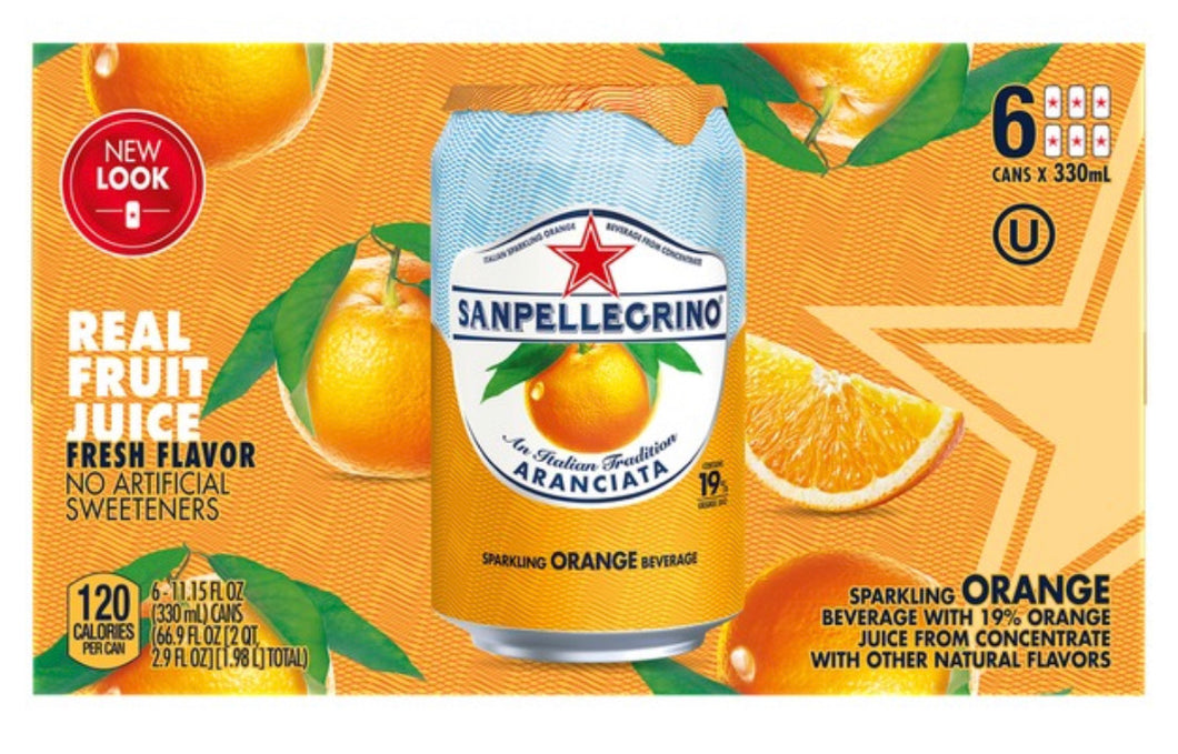 San Pellegrino Orange / Aranciata Sparkling Fruit Beverage, 6/Pack 11.15oz Cans.