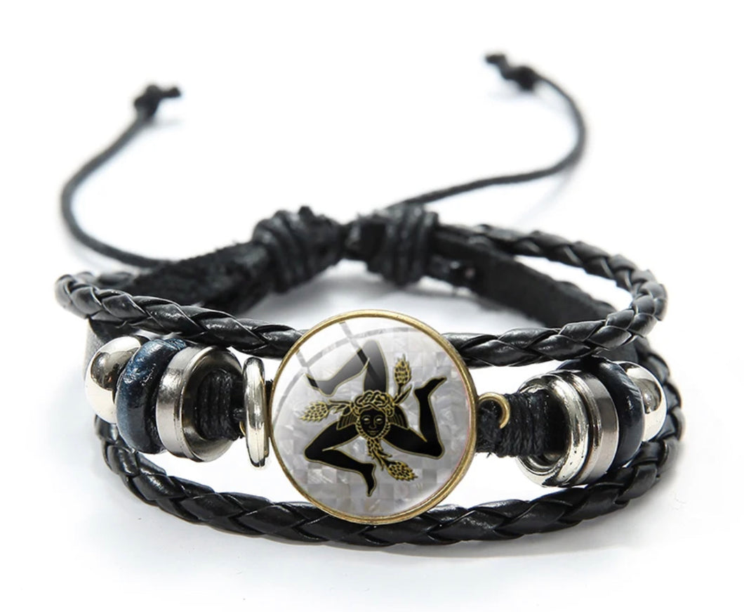 Trinacria Sicily, Silver & Black Italian Bracelets Glass Art Dome Leather Wood Beads Wrist Bracelet for Lovers gifts